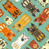Fototapeta Pokój dzieciecy - Seamless pattern with cats. Background for fabric, textile, wallpaper, posters, gift wrapping paper, napkins, tablecloths, pajamas. Print for kids, baby, children