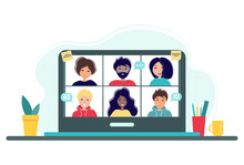 Online Meeting Via Group Call. Home Office Concept With Laptop, Plant And Cup. Group Of People Doing Video Conference. Vector Illustration In Flat Style. Stay At Home. Self-isolation.