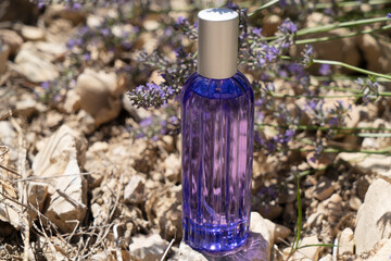 Lavender field with essence products bottles