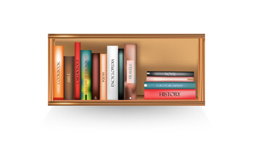 Mockup of  bookshelf with  bookson white background.White shelves template.Vector illustration.