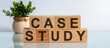 case study word written on wood block. case study text on table, concept. Front view concepts, flower in the background