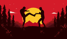 Fighting Outside - Two People Fight In Dramatic Landscape With Blood Red Sky, Big Yellow Sun And Forest. Movie Fight Scene, Action And Brawl Concept. Vector Illustration.