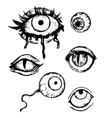 Halloween doodles set. Simple vector hand drawn illustrations. Collection of scary eyes drawings isolated on white. Black contour sketches for holiday design, prints, card, decor, poster, stickers.