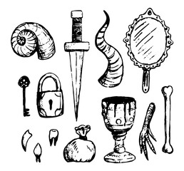 Witchcraft attributes doodles set. Simple vector hand drawn illustrations. Collection of halloween drawings isolated on white. Black contour sketches for design, prints, card, decor, poster, stickers.