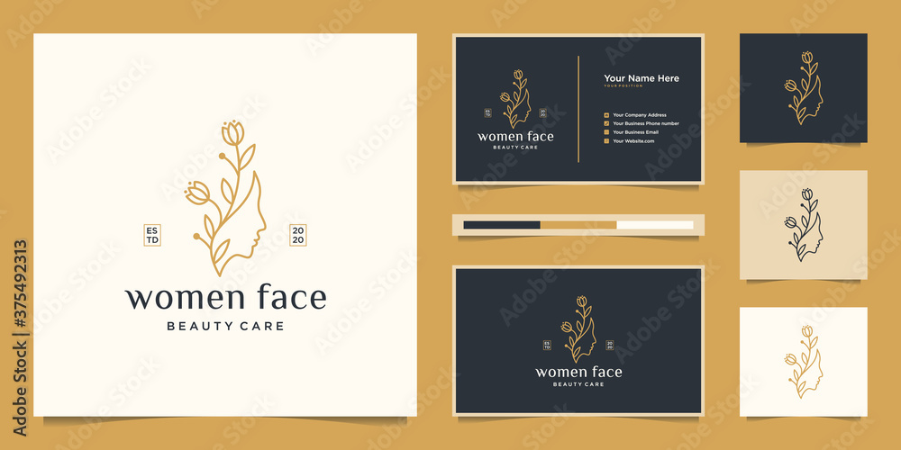 Beauty woman's face flower with line art style logo and business card ...