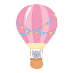 Sticker - baby shower, cute little cat in air balloon, celebration welcome newborn