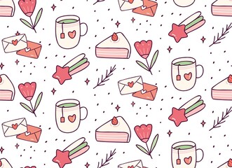 Wall Mural - cute tea and cake doodle seamless pattern