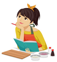 Sticker - Teen Girl Think Cook Book Recipe Illustration