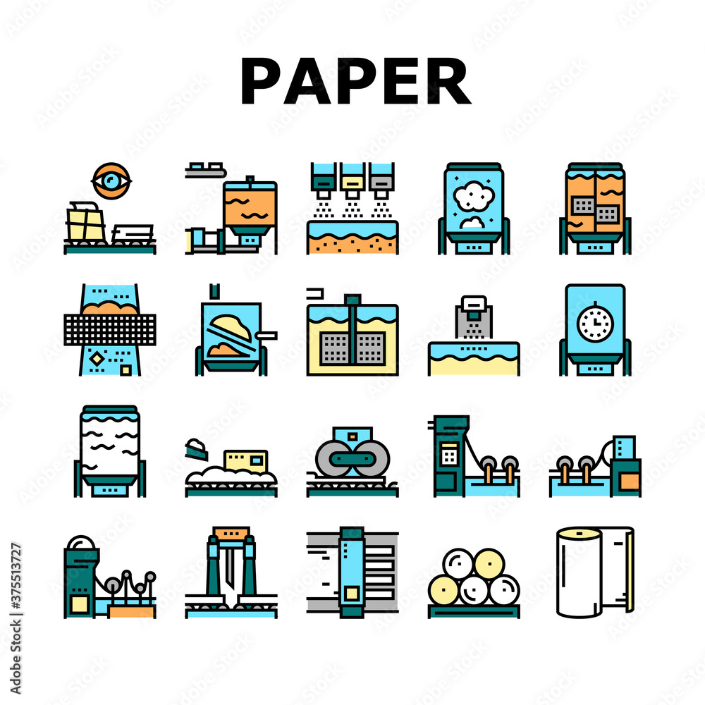 Paper Production Plant Collection Icons Set Vector. Wood Chips And ...