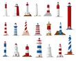 Sea lighthouse and beacon tower isolated vector icons. Nautical navigation ocean coast light houses with searchlight beams, blue, red and white stripes, coastal building architecture design