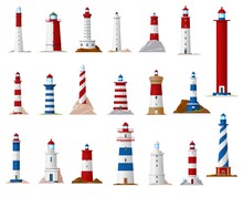 Sea Lighthouse And Beacon Tower Isolated Vector Icons. Nautical Navigation Ocean Coast Light Houses With Searchlight Beams, Blue, Red And White Stripes, Coastal Building Architecture Design