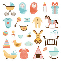 Set Of Cute Baby Nutrition And Care Icons Flat Vector Illustration Isolated.