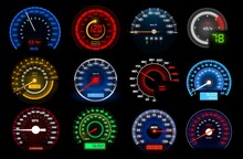 Speedometers, Speed Indicator Vector Dashboard Dial Scales For Auto. Vehicle Board Realistic Interface, Speed Accelerate, Transportation Technology. Isolated Car Speedometers With Km Digits And Arrows