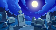 Cemetery At Night With Full Moon, Vector Graveyard With Tombstones And Cracked Stone Crosses. Old Creepy Grave Tombs At Nighttime Under Cloudy Sky At Twilight. Cartoon Memorials At Spooky Cemetery