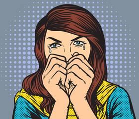  Crying woman Raise both hands to cover their mouths. Pop art vector illustration
