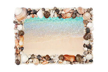 Wall Mural - Sea shells frame white background isolated closeup seashells border, blue wave texture, sand beach, turquoise ocean water, summer holidays postcard, tropical island vacation, travel banner, copy space