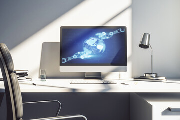 Aufkleber - Creative concept of robotics technology with globe sketch on modern laptop screen. Robot development and automation concept. 3D Rendering