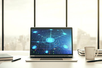 Poster - Modern computer monitor with creative lock hologram and chip. Information security concept. 3D Rendering