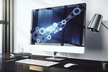 Poster - Creative concept of robotics technology on modern laptop screen. Robot development and automation concept. 3D Rendering