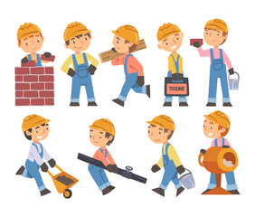 Sticker - Boy Construction Workers with Professional Tools Set, Cute Little Builders Characters Wearing Blue Overalls and Hard Hat in Action Cartoon Style Vector Illustration