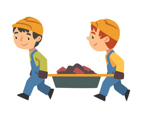 Wall Mural - Two Boy Construction Workers Сarrying Construction Waste Together, Cute Little Builder Character Wearing Blue Overalls and Hard Hats Cartoon Style Vector Illustration