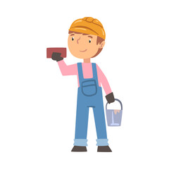 Poster - Boy Construction Worker with Bucket and Brick, Cute Little Builder Character Wearing Blue Overalls and Hard Hat with Professional Tools Cartoon Style Vector Illustration