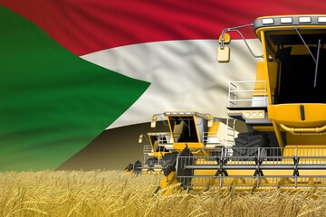 3 yellow modern combine harvesters with Sudan flag on wheat field - close view, farming concept - industrial 3D illustration