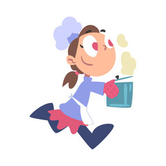 Sticker - Girl Chef Cook Running with Hot Pot, Cute Child Cooker Character Wearing White Hat and Apron Cooking Delicious Food on Kitchen Cartoon Style Vector Illustration