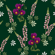 Beautiful Seamless Vector Floral Summer Pattern Background With Pansy, Lupine Flowers.