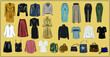 Clothes and bags. Coats, dresses, skirts, blouses, trousers, jeans, backpack, briefcase, handbags. Fashion. The basic wardrobe of a minimalist. Autumn clothes. Set. Isolated vector object.