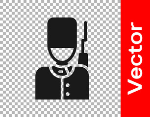 Wall Mural - Black British guardsman with bearskin hat marching icon isolated on transparent background. Vector.