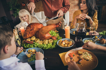 Portrait of nice attractive cheerful family parents grandparents grandchild enjoying festal homemade domestic tasty yummy meal cutting turkey at modern loft brick industrial interior