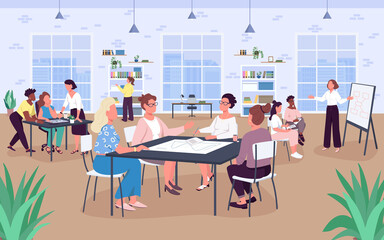 Poster - Open office space flat color vector illustration. Workplace. Business ladies. Women work in comfortable environment. 2D cartoon faceless characters with big windows and bookshelves on background