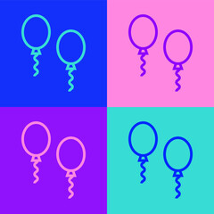 Sticker - Pop art line Balloons with ribbons icon isolated on color background. Vector.