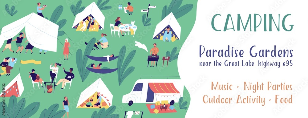 Horizontal banner template for camping festival with a place for text. Summer vacation in tent city. People relaxing outdoors. Summertime activity. Vector illustration in flat cartoon style - obrazy, fototapety, plakaty 