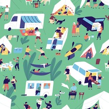 Seamless Pattern With Relaxing People Near Camper Van, Tents In Nature Outdoors. Women And Men Spend Time Together In Summer Camping Festival, Eating, Lying In Hammocks. Flat Vector Illustration