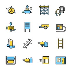 Construction equipment, generator, radiator, pump, icons, set, color. Colored icons with a black outline. Maintenance of construction works. Vector.  