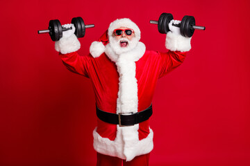 Sticker - Photo of pensioner old mad man white beard lift dumbbells open mouth screaming heavy weight ignoring muscle pain wear santa x-mas costume sunglass cap isolated red color background