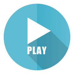 Poster - Play vector icon, flat design blue round web button isolated on white background