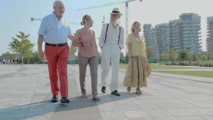 Wall Mural - Group of seniors making party and having fun. Meeting old friends outdoor. Lifestyle moments together in the city and at the park