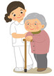 杖をついて歩くおばあさんと看護師