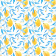 canvas print picture - Beautiful seamless pattern with hand drawn watercolor lemons and blue leaves. Stock illustration.