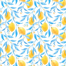 Beautiful Seamless Pattern With Hand Drawn Watercolor Lemons And Blue Leaves. Stock Illustration.