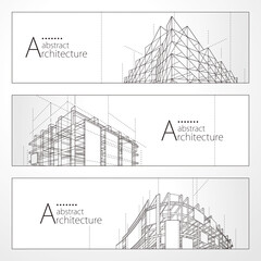 Aufkleber - Architecture abstract modern building, Architecture building construction perspective line drawing design banner set.