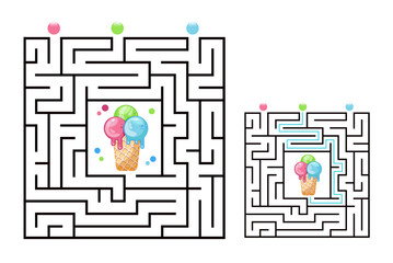 Square maze labyrinth game for kids with icecream. Labyrinth logic conundrum. Three entrance and one right way to go. Vector flat illustration isolated on white background.
