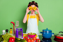 Portrait Of Her She Nice Funky Crazy Naughty Housewife Cooking Vegan Salad Dish Workshop Closing Eyes With Tomato Like Glasses See Showing Tongue Out Fooling Isolated Green Pastel Color Background