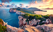 Exciting Morning View Of Caccia Cape. Nice Spring Sunrise On Sardinia Island, Italy, Europe. Great Morning Seascape Of Mediterranean Sea. Beauty Of Nature Concept Background.