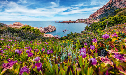 Picturesque morning view of popular tourist destination - Costa Paradiso, Sardinia island, Italy, Europe. Attractive Mediterranean seascape. Beauty of nature concept background.