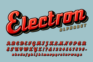 Electron retro script alphabet, a vintage streamlined cursive font.