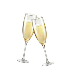 Champagne or golden wine glasses isolated on white background. Vector greating Happy New Year alcohol toast wineglass. 3d festive wedding event elements with drink